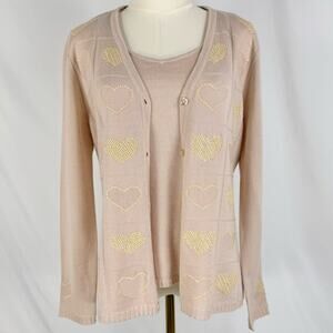 Magnolia Coquette 100% Merino Wool Sequin Heart Tank Cardigan Set XL Biege